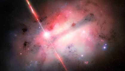 A bright, mottled cloud dominates this artistic view of a large, dusty galaxy seen nearly edge on. Layers of white, yellow, and red extend from the darker central plane, silhouetting the smoky tendrils of dust clouds in the foreground. One brilliant star dominates the scene just left of center. Long white and red rays — the burst’s particle jets — extend from the star to the top left and toward bottom center. At the fringes of the galaxy is a dark background sprinkled with faint stars.