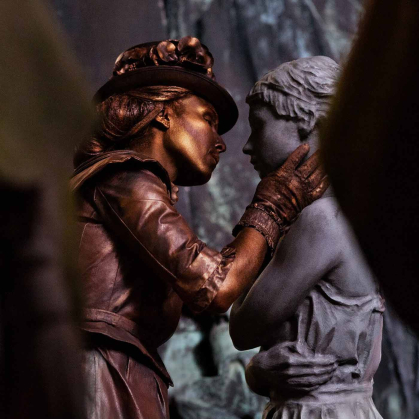 A scene from "Hearts of Stone," a short film about a street artist who entertains people as a living statue.