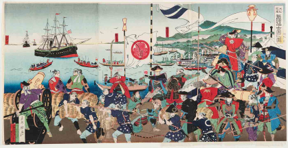 Toshu Shogetsu's “Arrival of American Ships: Picture of a Gathering of Feudal Retainers” is a print dated 1889.. 