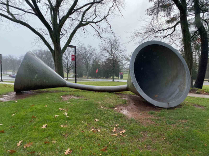 This sculpture representing extroversion is on the southern side of the Psychology Building on Busch campus at Rutgers-New Brunswick.