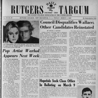 The front page of student newspaper the Targum promotes the arrival of Andy Warhol to Rutgers in March 1966. 