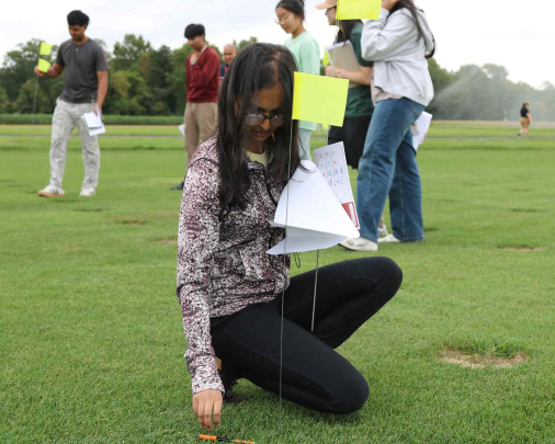 Prisha Shah, a junior majoring in cell biology and neuroscience major, plants a yellow flag on turfgrass during an evaluation exercise on Adelphia Farm.