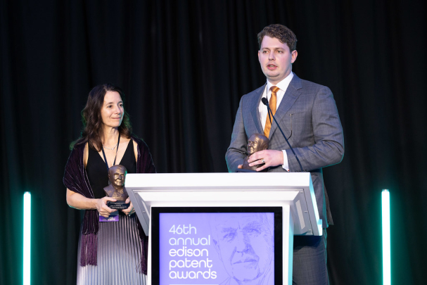 2025 Edison Patent Award winners Eric Wengrowski and Kristin Dana on the stage