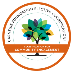 Carnegie Foundation Elective Classification for Community Engagement, a white circle with orange trim and a colorful tree in the middle